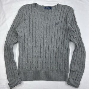 Polo Ralph Lauren Grey Cable Knit Cotton Crewneck Sweater M Blue Pony Preppy